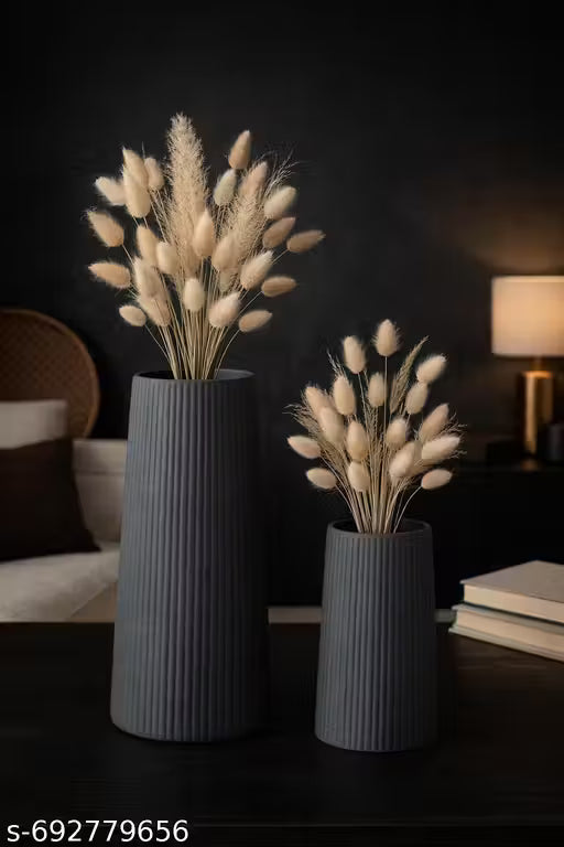Designer Ceramic Vase Set with Ribbed Texture | Minimalist Ribbed Ceramic Showpiece Vases