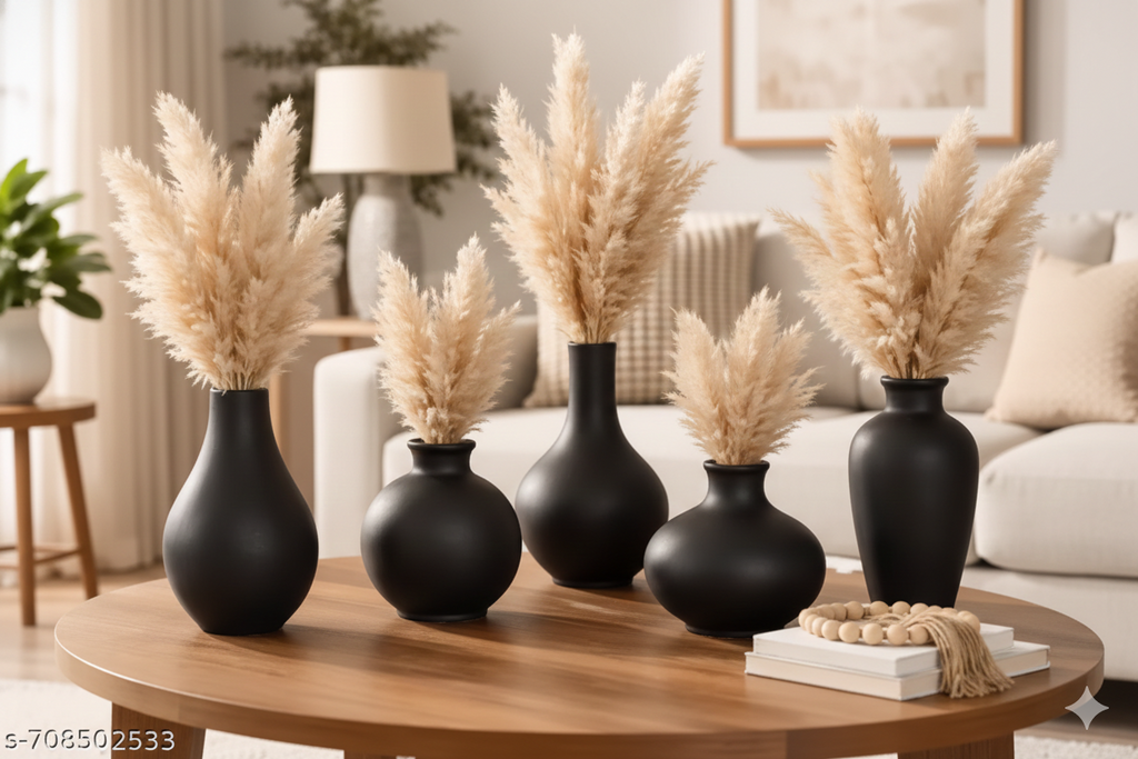 Premium Matte Black Ceramic Vase Set of 5 for Home &amp; Living Room Decor