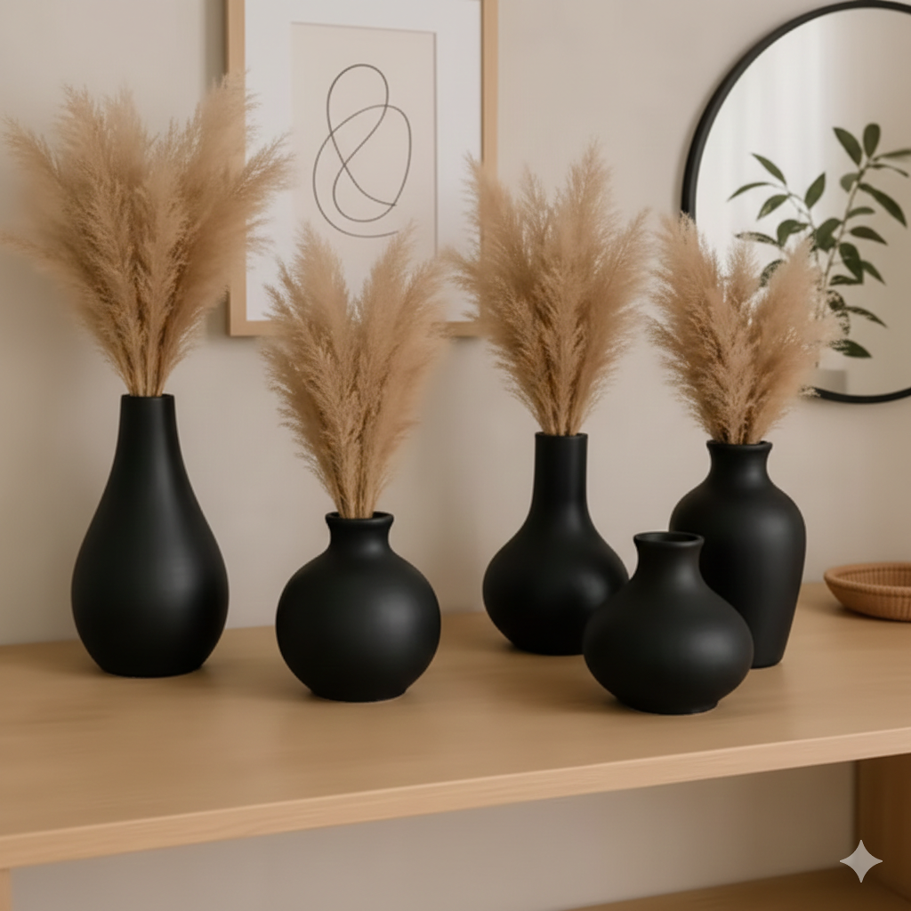Premium Matte Black Ceramic Vase Set of 5 for Home &amp; Living Room Decor