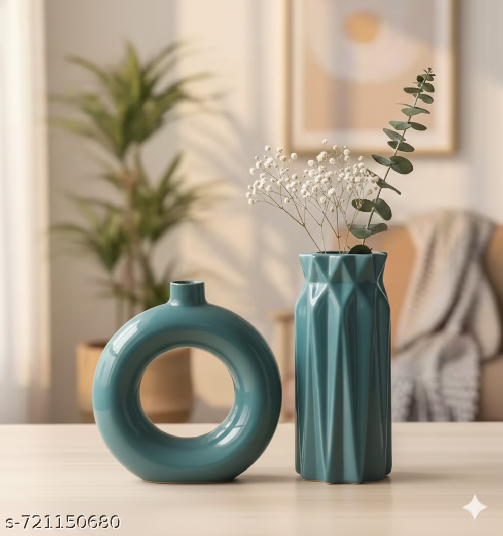 NT Modern Ceramic Donut &amp; Geometric Vase Set | Stylish Home Decor Centrepiece | Ideal for Pampas Grass &amp; Flowers