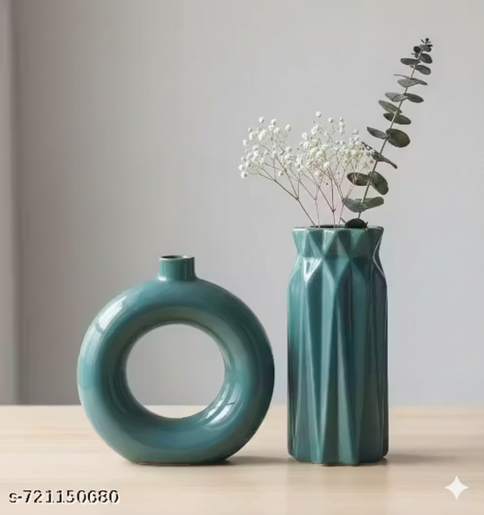 NT Modern Ceramic Donut &amp; Geometric Vase Set | Stylish Home Decor Centrepiece | Ideal for Pampas Grass &amp; Flowers