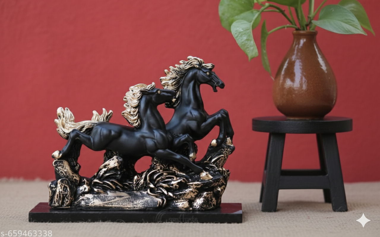 Articia Resin Running Horse Pair With Base Statue Figurine For Fengshui or Vastu Showpiece (22.5 X 9 X 18 cm, Black Gold)