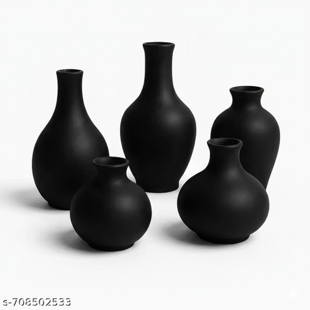 Premium Matte Black Ceramic Vase Set of 5 for Home &amp; Living Room Decor