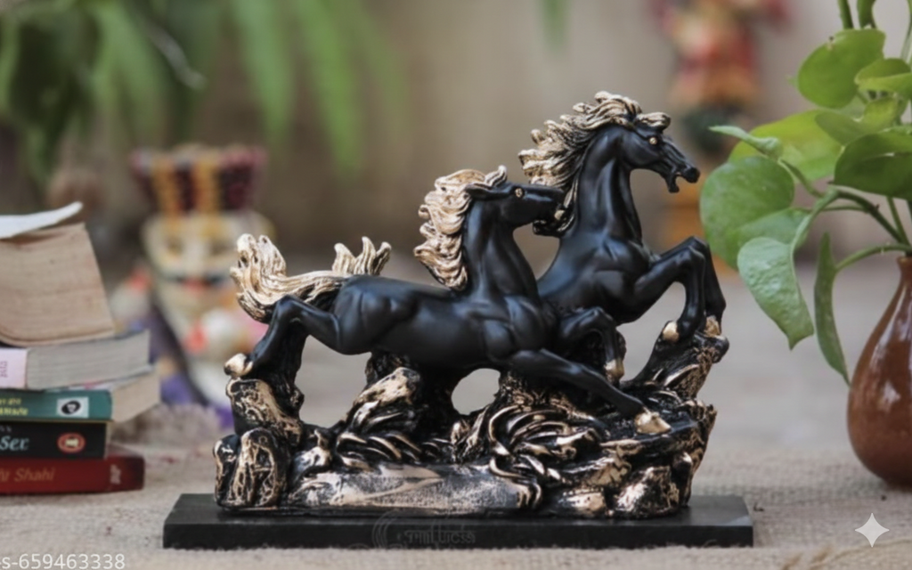 Articia Resin Running Horse Pair With Base Statue Figurine For Fengshui or Vastu Showpiece (22.5 X 9 X 18 cm, Black Gold)