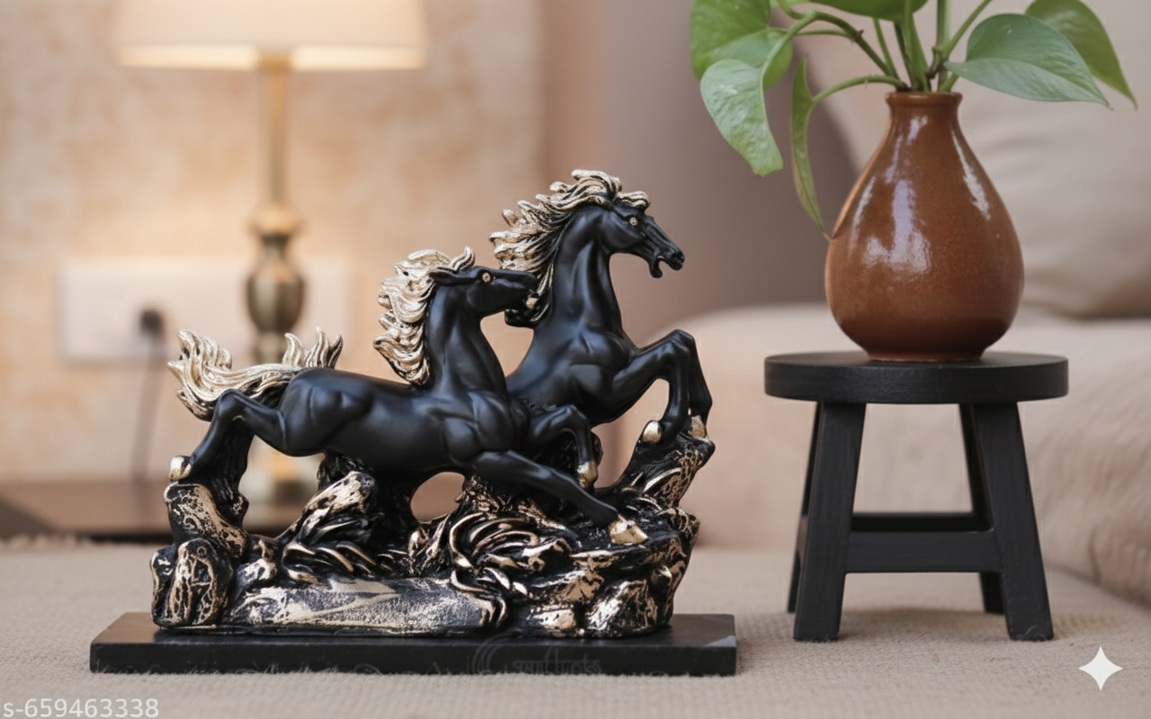 Articia Resin Running Horse Pair With Base Statue Figurine For Fengshui or Vastu Showpiece (22.5 X 9 X 18 cm, Black Gold)