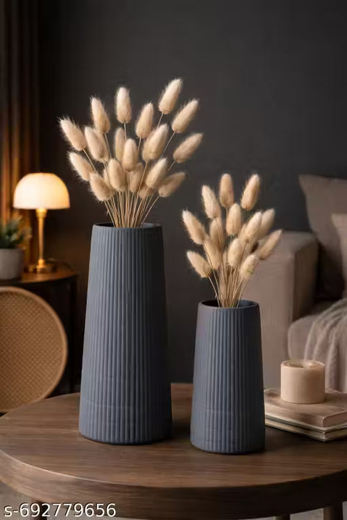 Designer Ceramic Vase Set with Ribbed Texture | Minimalist Ribbed Ceramic Showpiece Vases