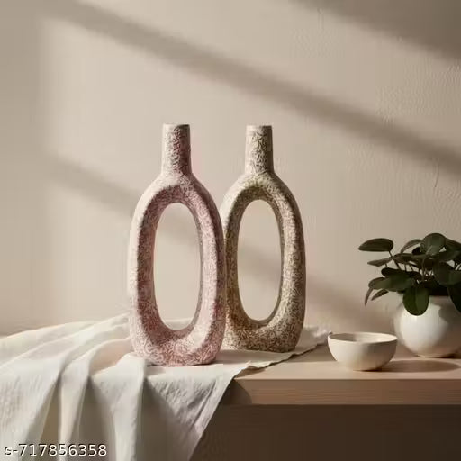 Modern Hollow Ceramic Vase Set of 2 | Aesthetic Home &amp; Table Decor Vases (Pink &amp; Beige)
