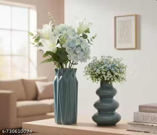 Set of 2 Modern Teal Ceramic Decorative Vases