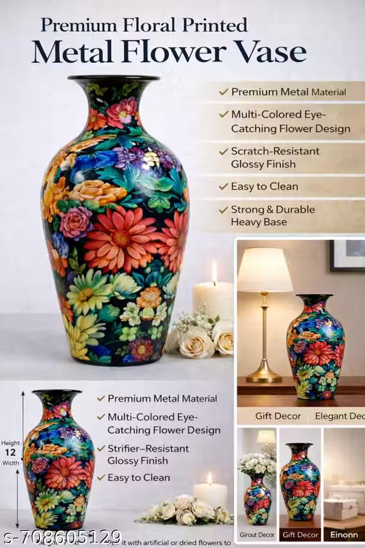 Luxury Multicolor Floral Metal Flower Vase for Home Décor | Stylish Living Room Table Vase