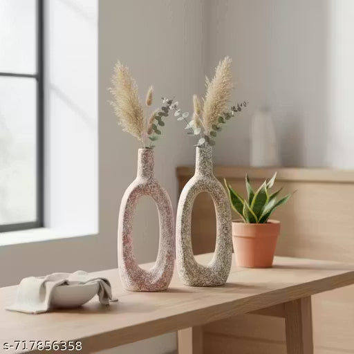 Modern Hollow Ceramic Vase Set of 2 | Aesthetic Home &amp; Table Decor Vases (Pink &amp; Beige)