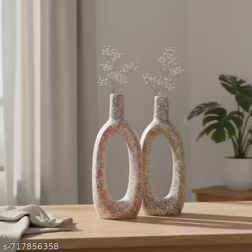 Modern Hollow Ceramic Vase Set of 2 | Aesthetic Home &amp; Table Decor Vases (Pink &amp; Beige)