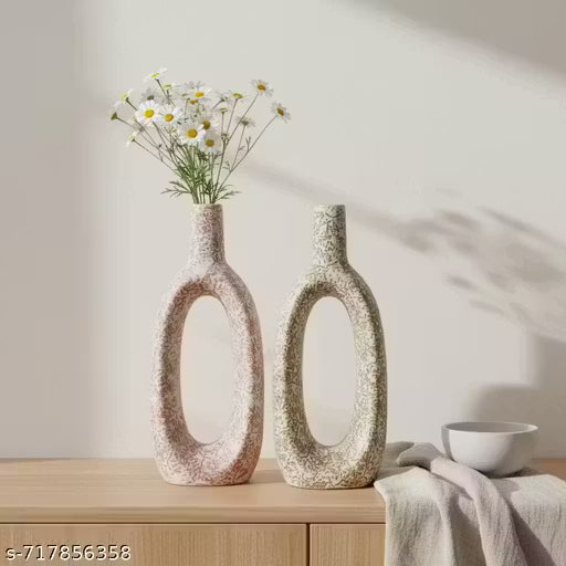 Modern Hollow Ceramic Vase Set of 2 | Aesthetic Home &amp; Table Decor Vases (Pink &amp; Beige)