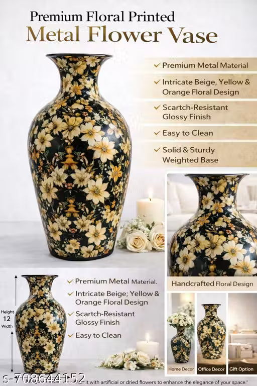 Decorative Floral Printed Metal Flower Vase for Home Décor | 12 Inch Height