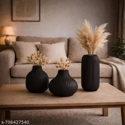 Modern Black Ribbed Ceramic Vase Set Of 3 For Living Room